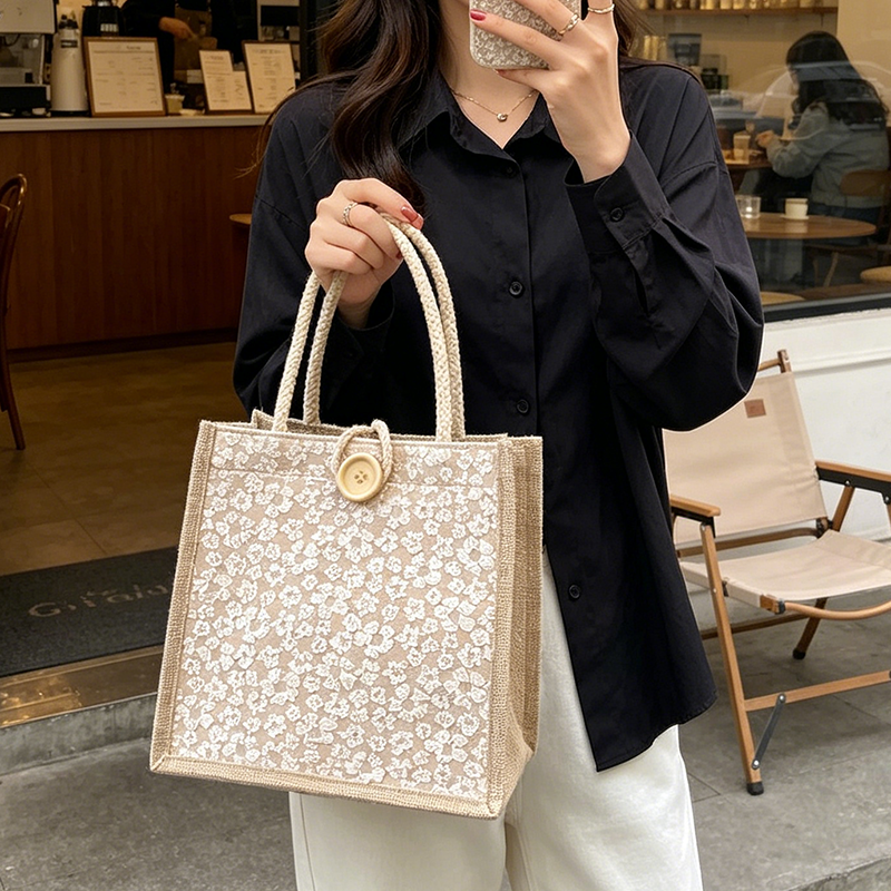 1pcs Lace Floral Jute Tote Bag - Women Bags Jute のレビューと価格