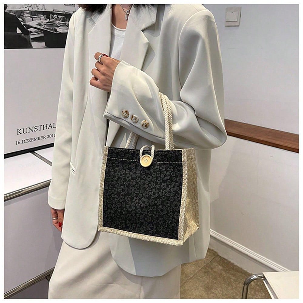 1pcs Lace Floral Jute Tote Bag - Women Bags Jute のレビューと価格