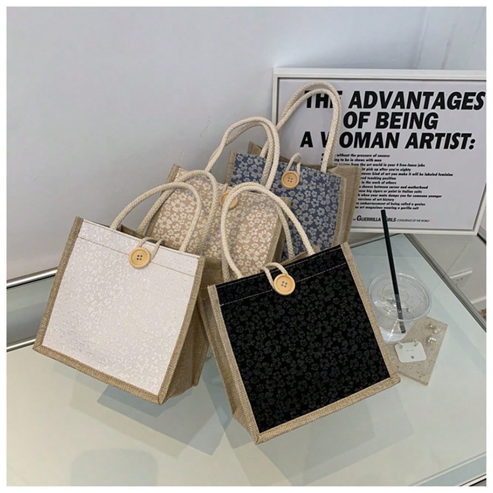 1pcs Lace Floral Jute Tote Bag - Women Bags Jute のレビューと価格